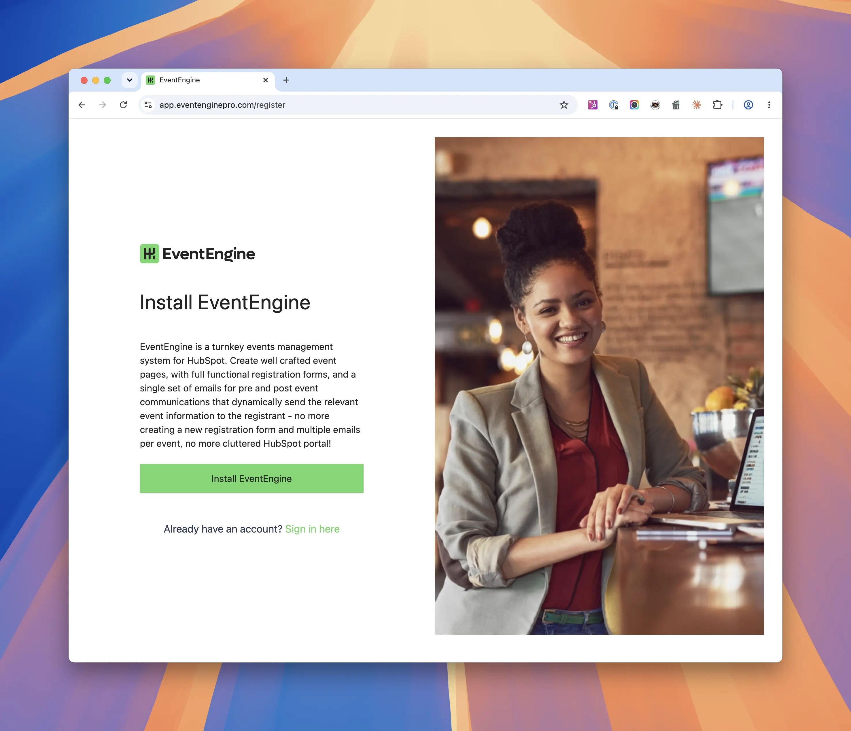 The Install EventEngine page with the green Install EventEngine button