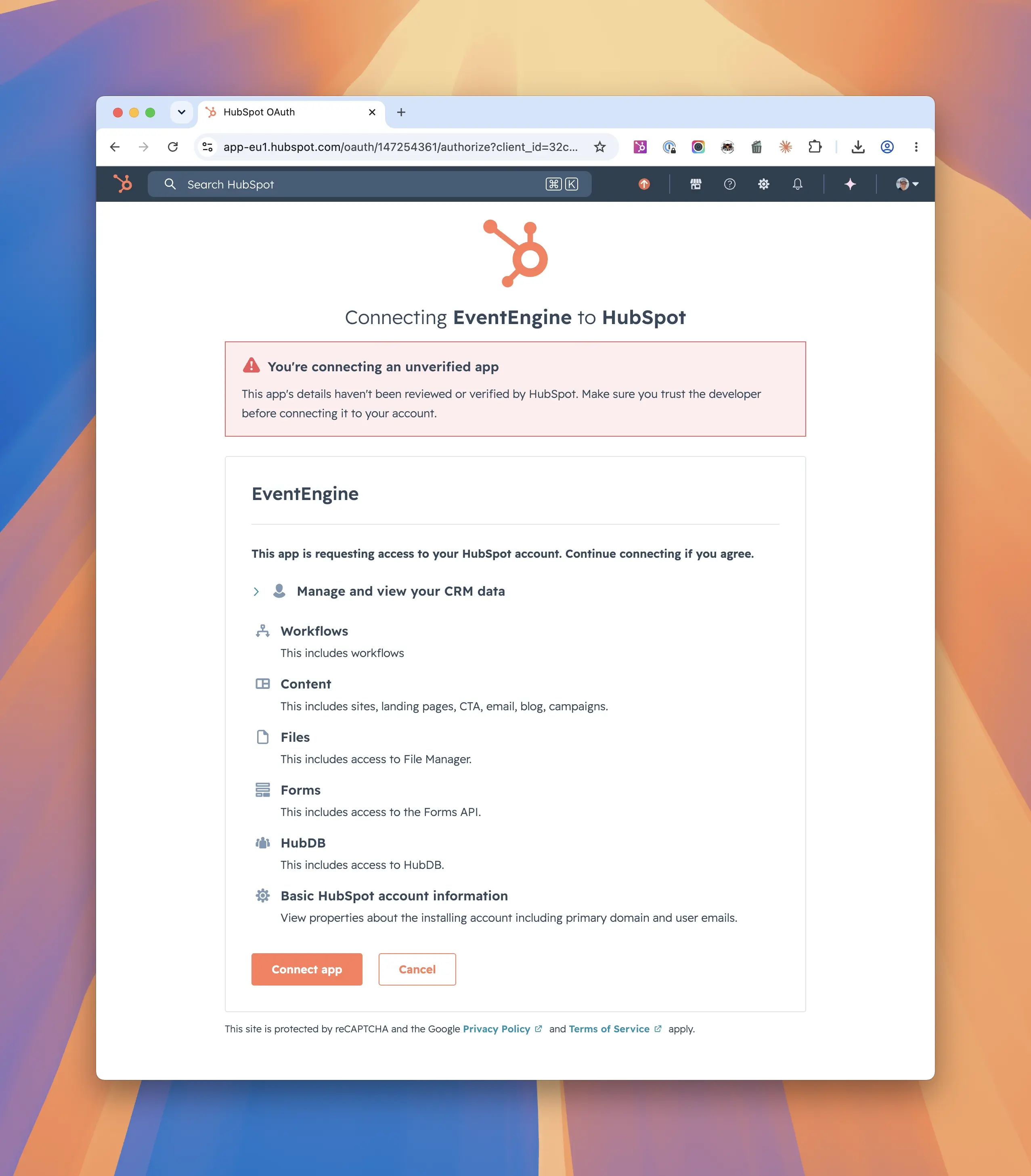 The HubSpot permissions screen with the unverified app banner and the Connect app button