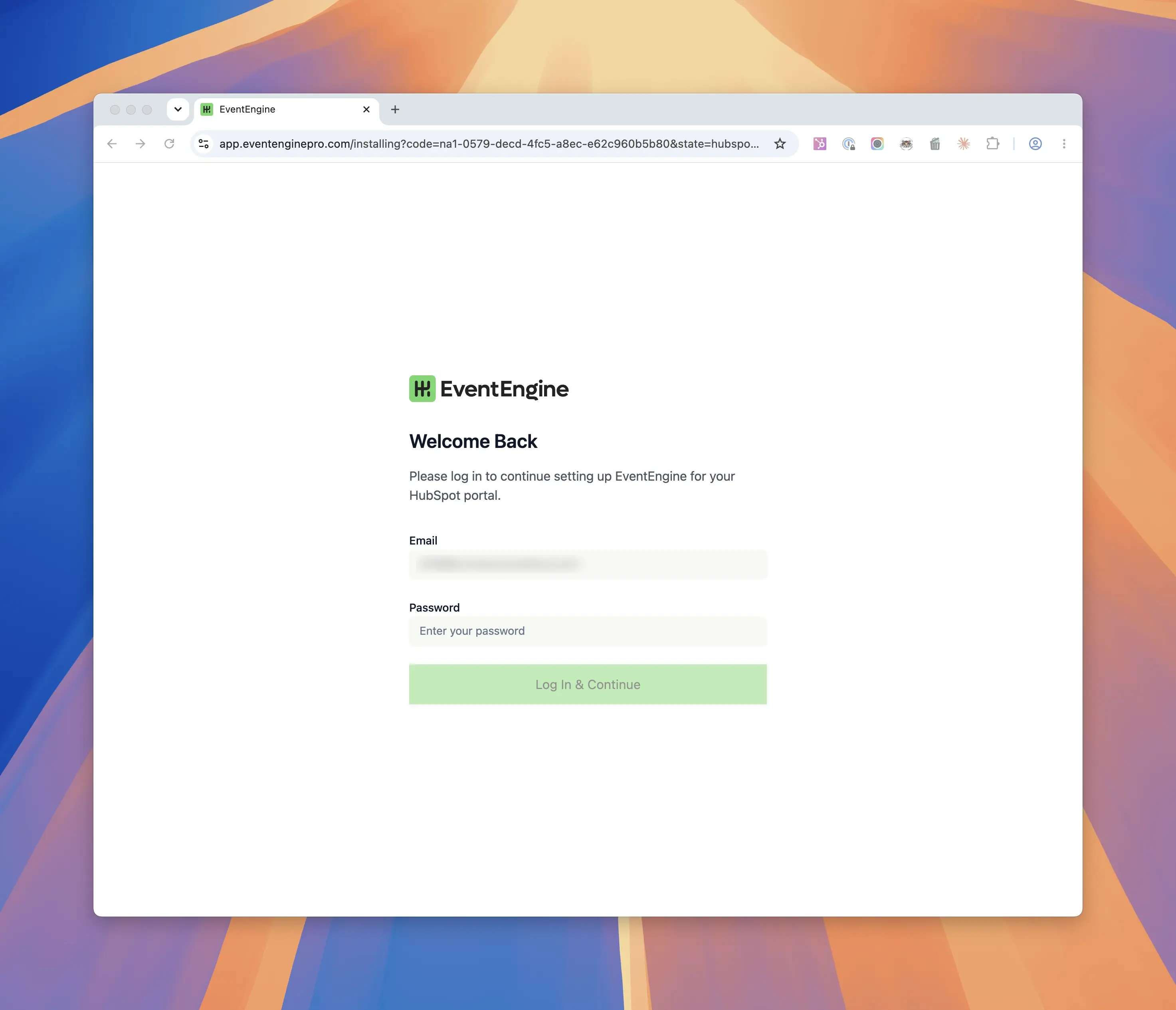 The EventEngine login screen with the email address pre-filled