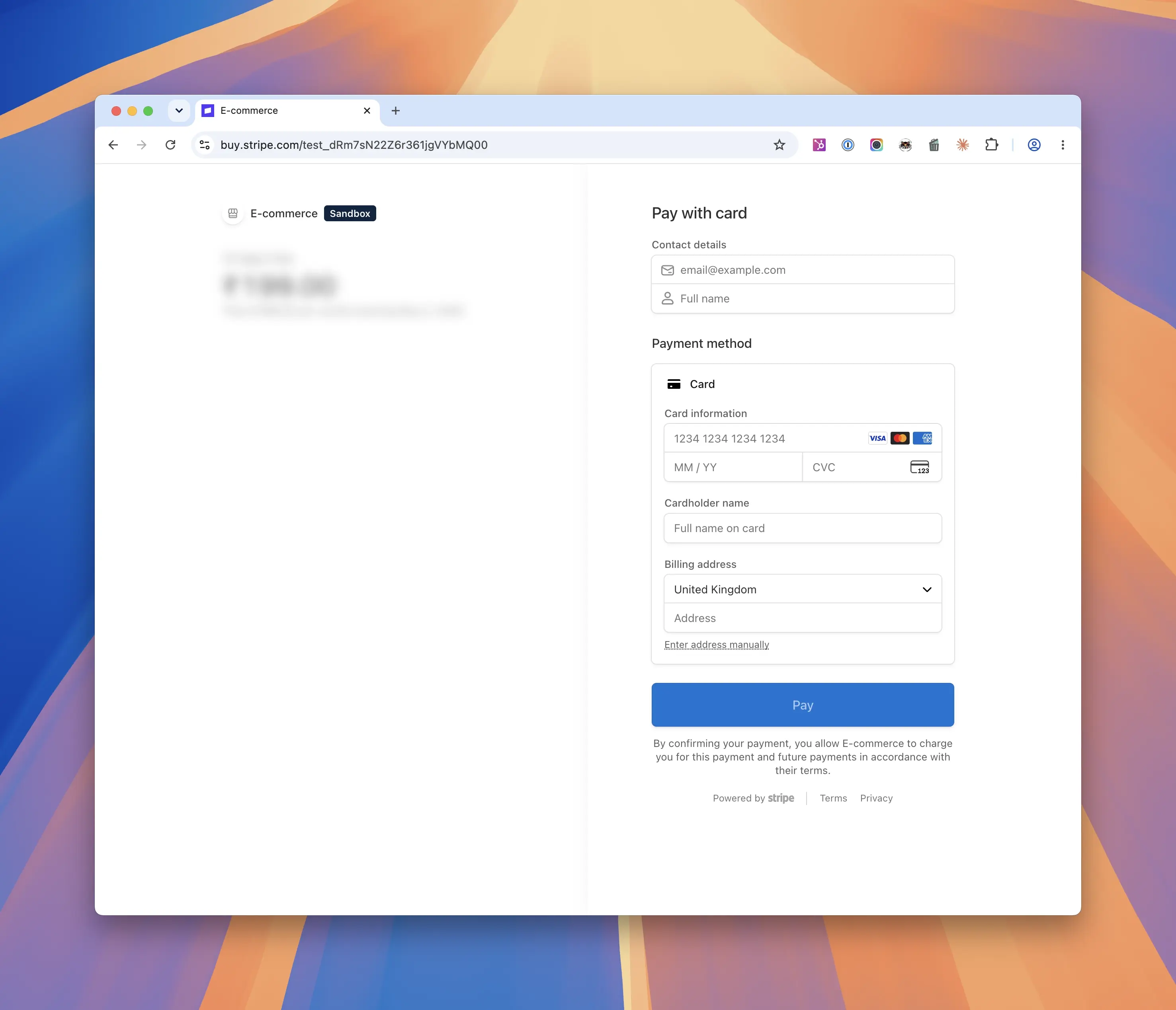 The Stripe checkout showing the 30 day free trial and the Pay button