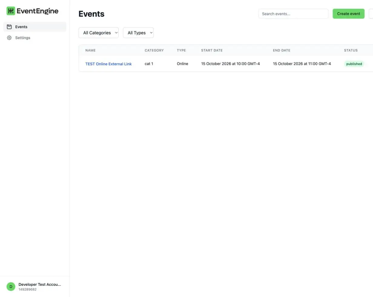 The events dashboard with a published event listed