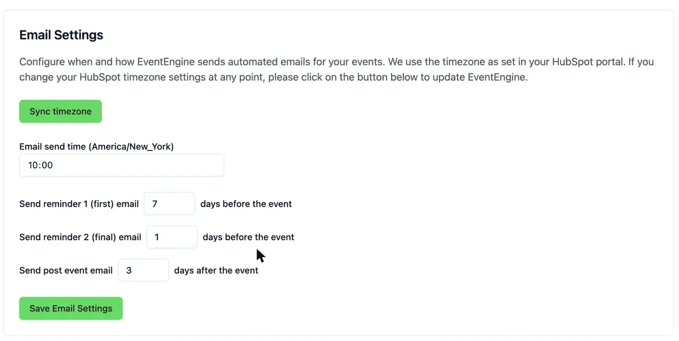 The Email Settings screen in the EventEngine app, with the send time and the three day counts