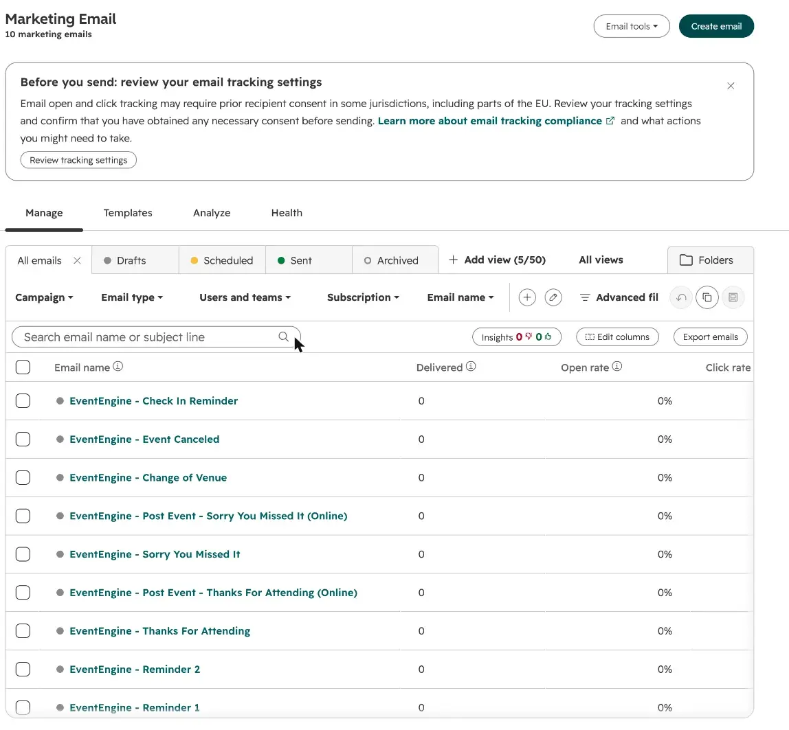The ten EventEngine emails listed in Marketing › Email after install