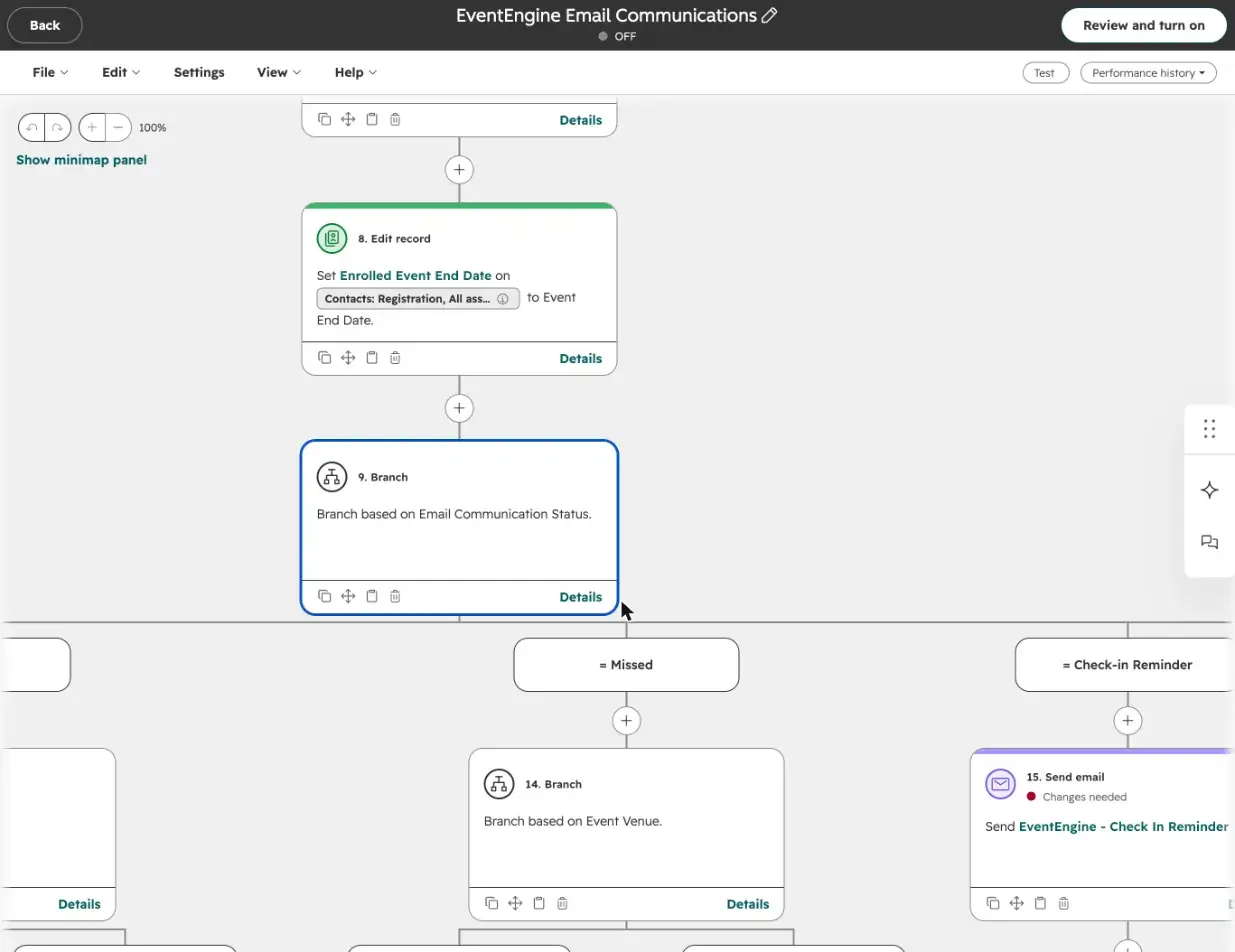The EventEngine Email Communications workflow, switched off, with a Send email action flagged Changes needed