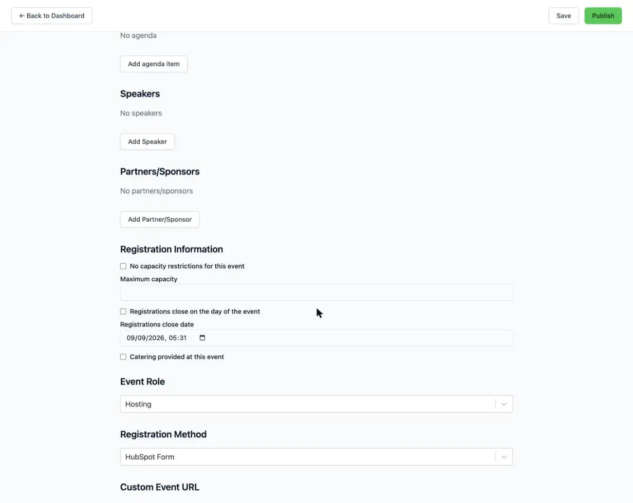 The Registration Information section of the event form