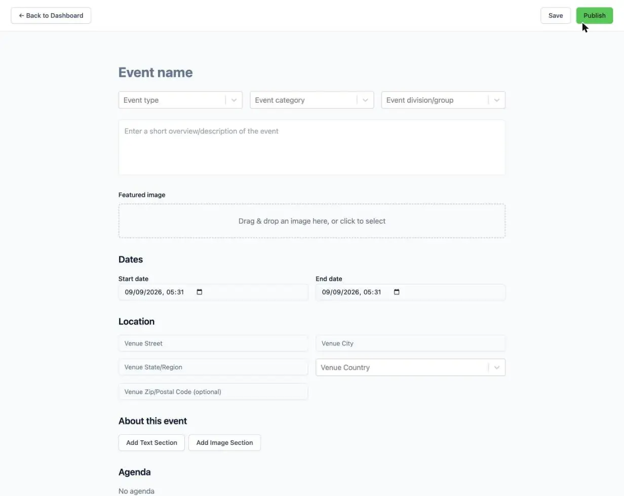 The top of the event form, with the event name heading, the three dropdowns, the description and the featured image