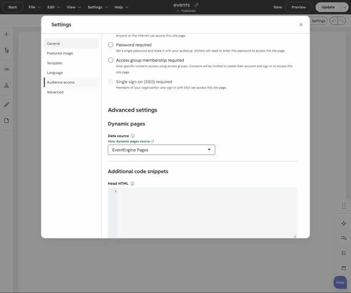 The page settings dialog, Advanced tab, with the Dynamic pages data source set to EventEngine Pages