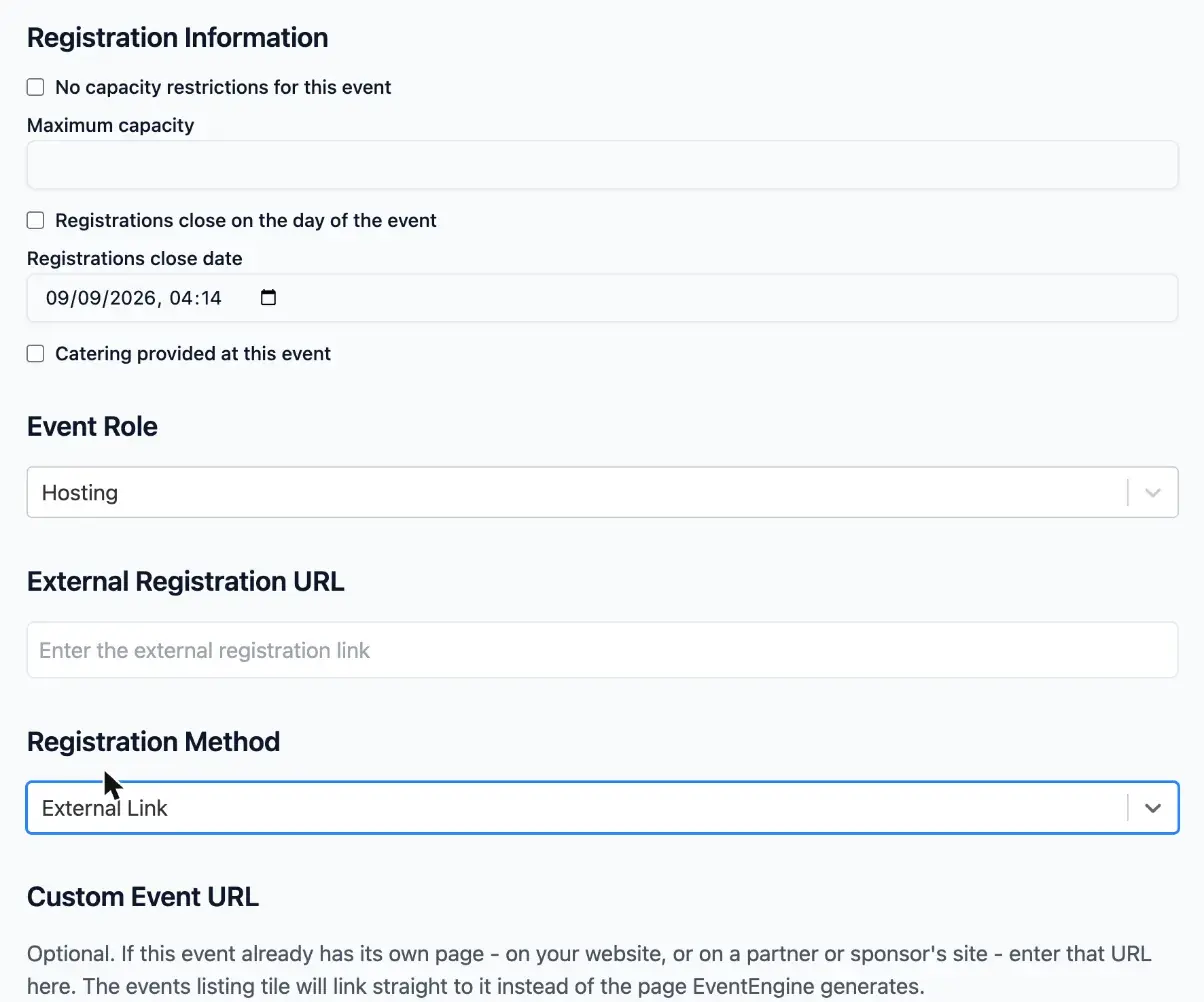 An in-person event with Registration Method set to External Link, showing the External Registration URL field