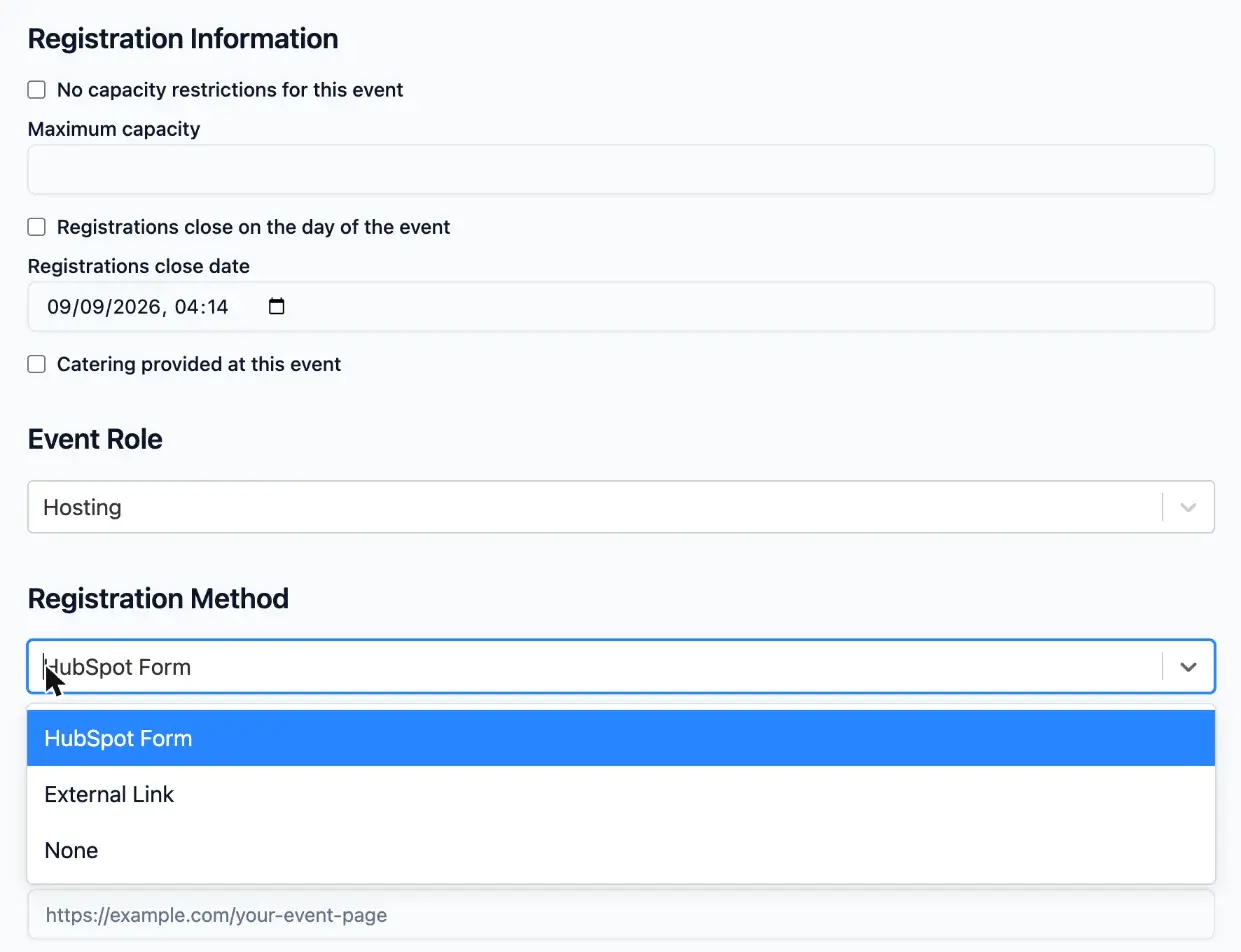 The Registration Method dropdown on the event form, showing HubSpot Form, External Link and None
