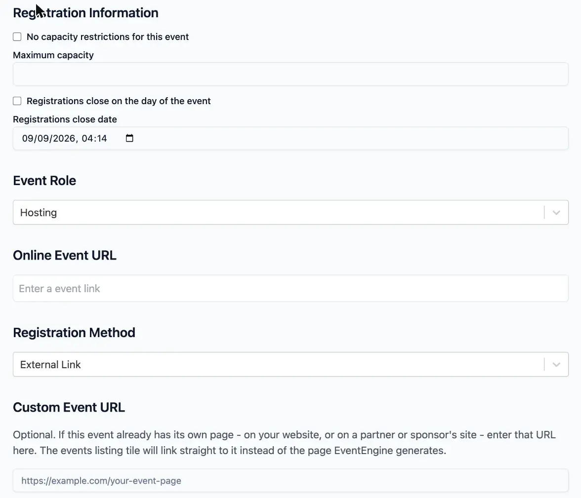 An online event set to External Link, showing the Online Event URL field above Registration Method